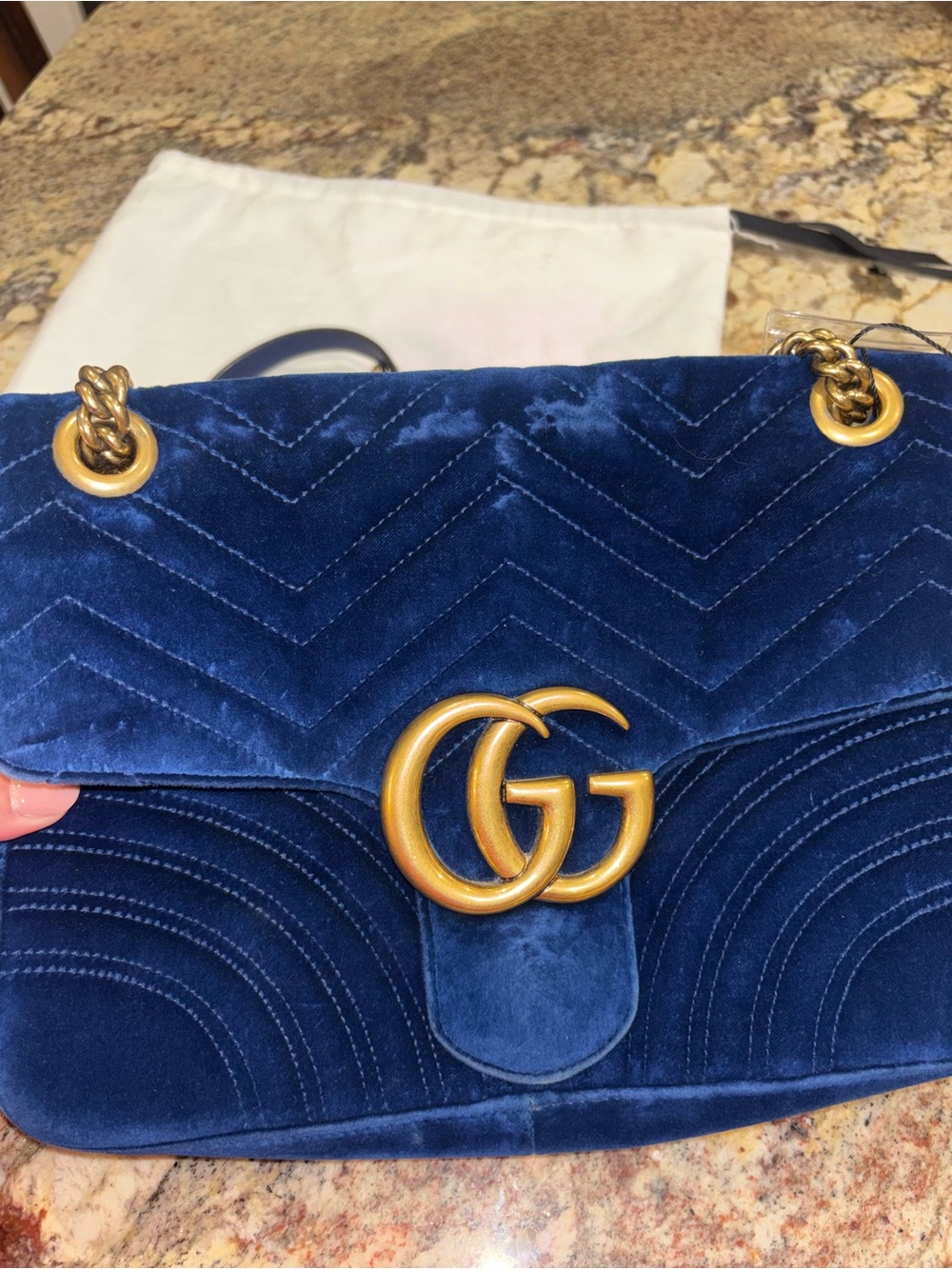 Gucci Navy Velvet GG LARGE Marmont Shoulder Bag with Gold Hardware - Picture 2 of 13